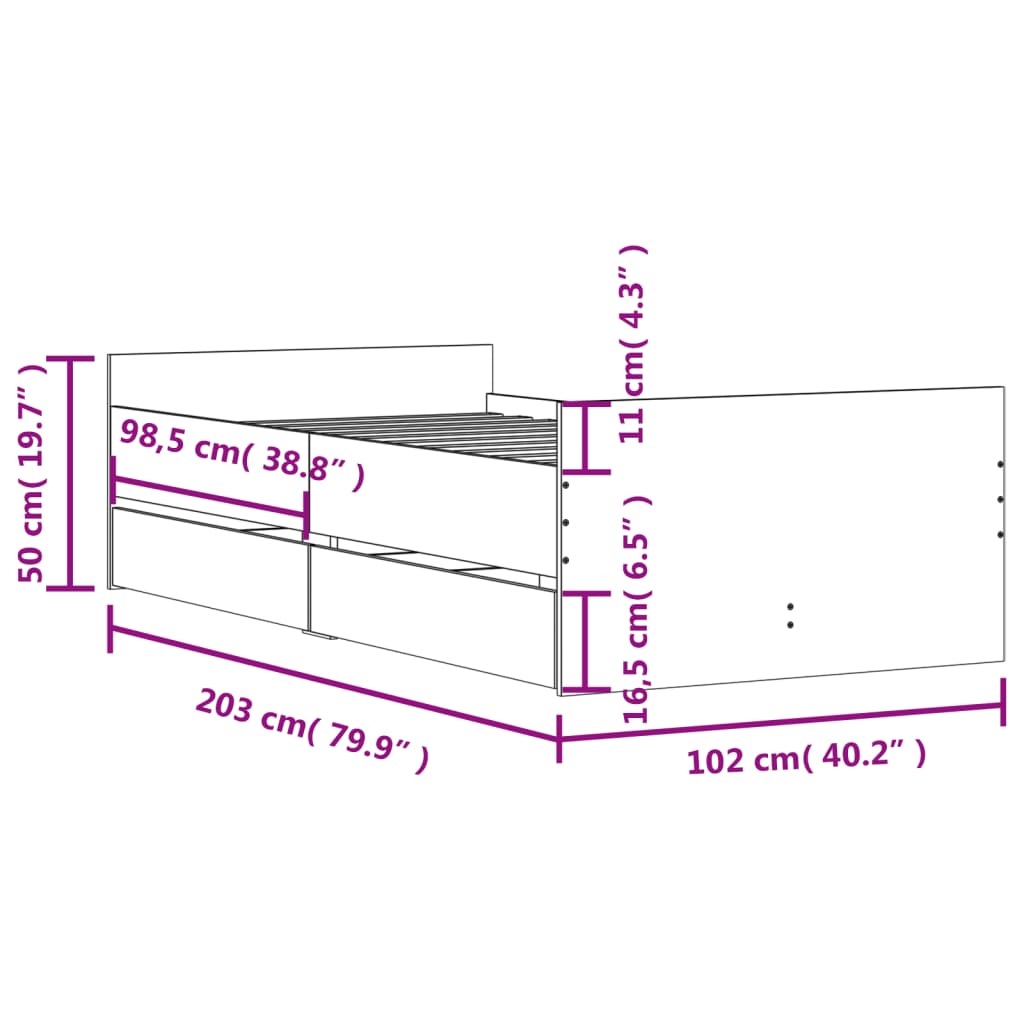 Bed Frame with Drawers without Mattress Concrete Grey 100x200cm
