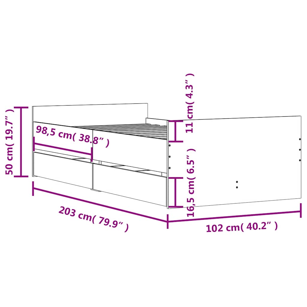 Bed Frame with Drawers without Mattress Smoked Oak 100x200 cm