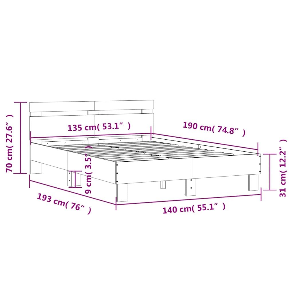 Bed Frame without Mattress Brown Oak 135x190 cm