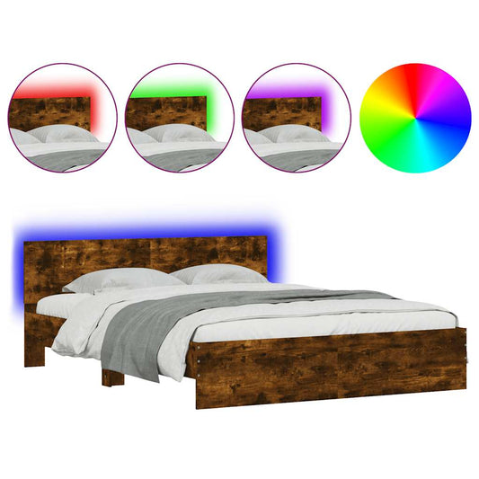 Bed Frame with Headboard and LED Smoked Oak 150x200 cm King Size Bed Frame with Headboard and LED Smoked Oak 150x200 cm King Size