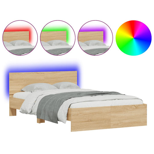 Bed Frame with Headboard and LED Sonoma Oak 120x190 cm Small Double Bed Frame with Headboard and LED Sonoma Oak 120x190 cm Small Double