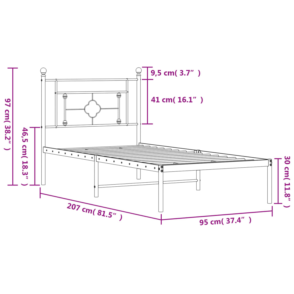 Metal Bed Frame without Mattress with Headboard Black 90x200cm