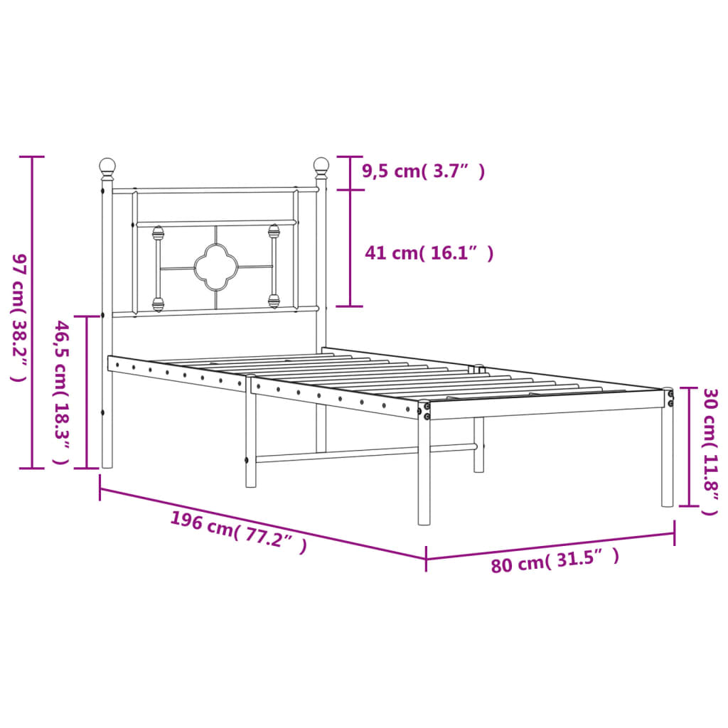 Metal Bed Frame without Mattress with Headboard White 75x190cm