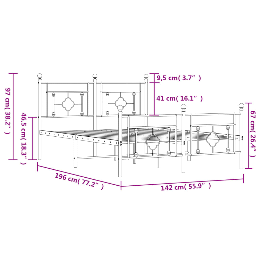 Metal Bed Frame without Mattress with Footboard White 135x190cm