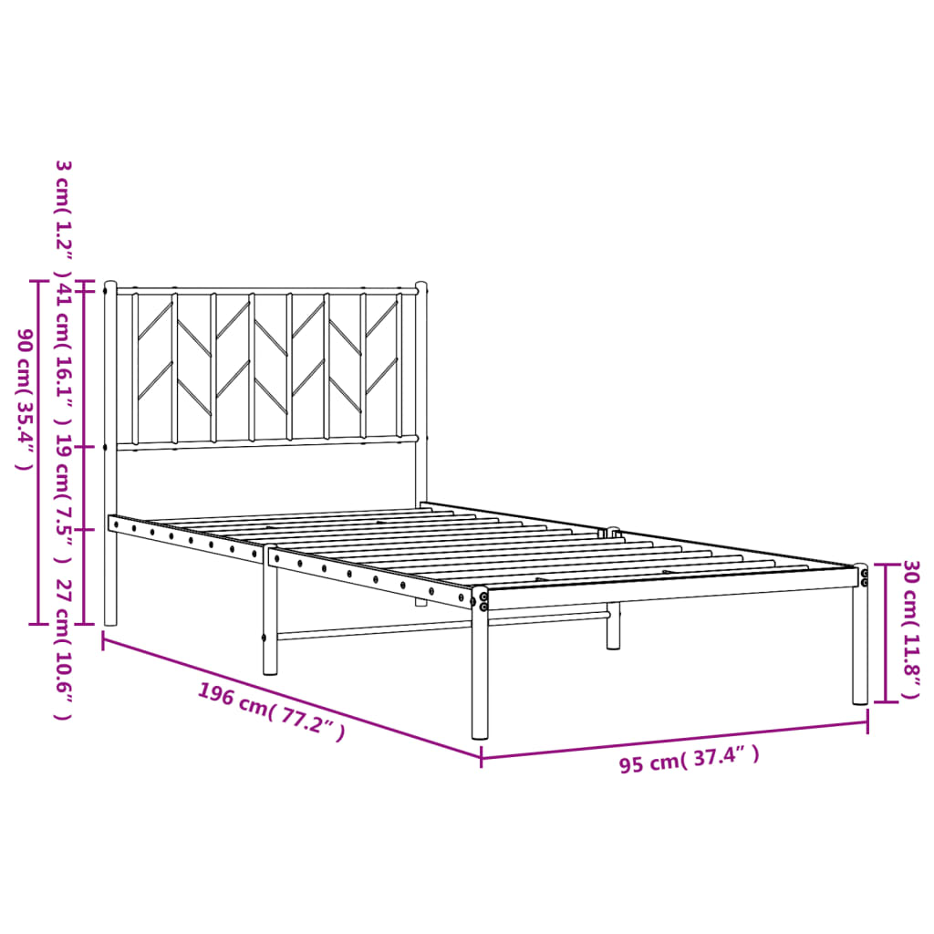Metal Bed Frame without Mattress with Headboard Black 90x190cm