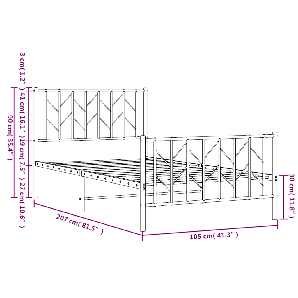 Metal Bed Frame without Mattress with Footboard Black 100x200cm