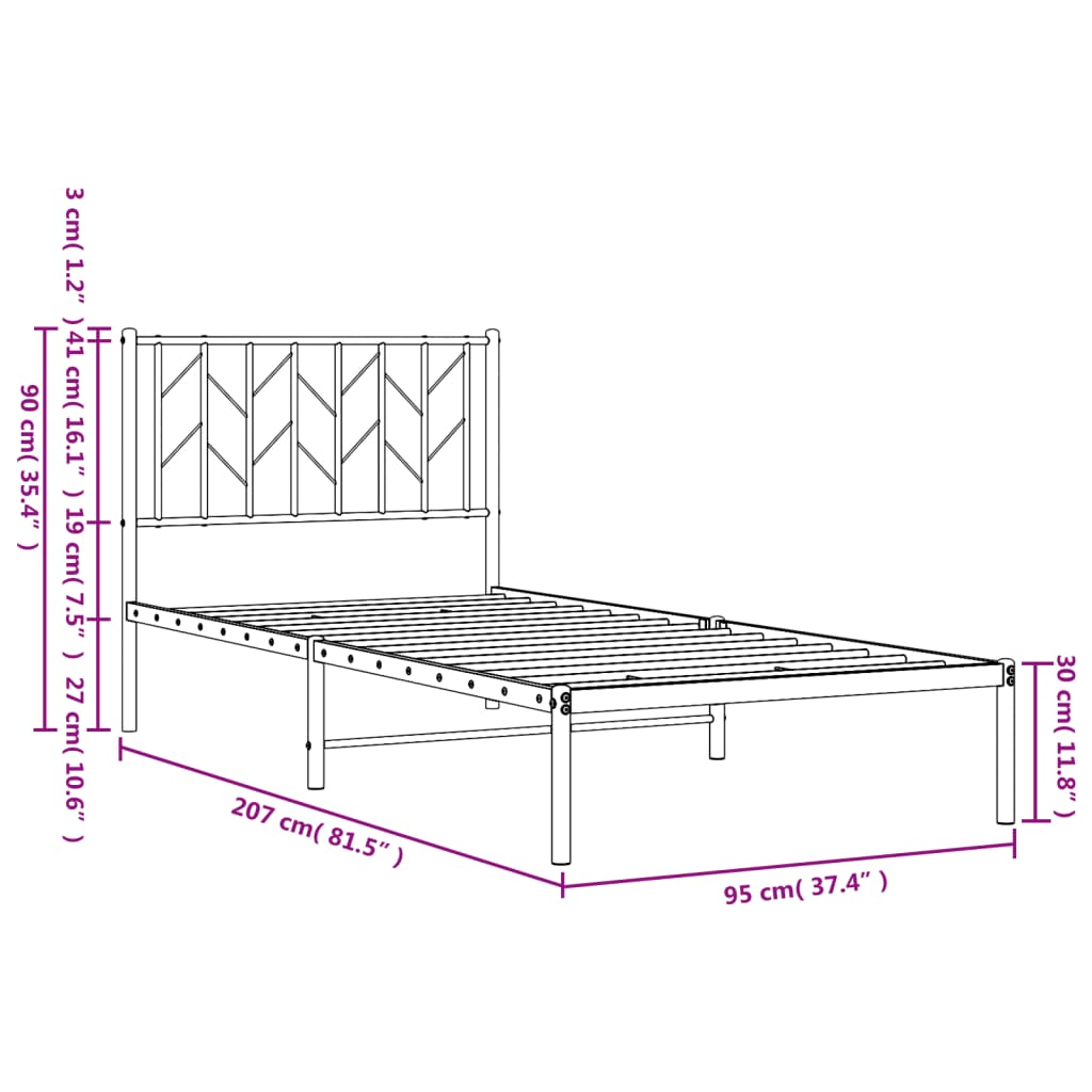 Metal Bed Frame without Mattress with Headboard White 90x200cm