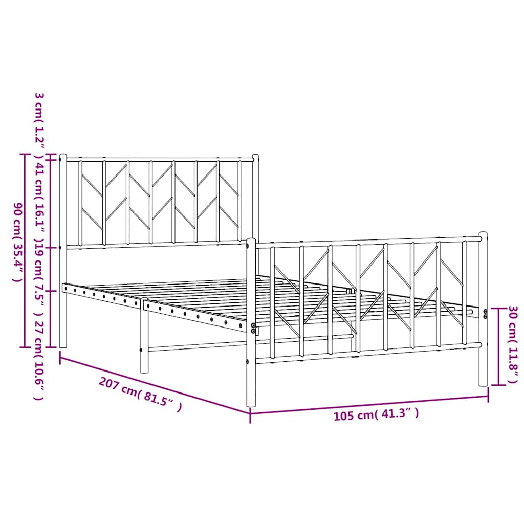 Metal Bed Frame without Mattress with Footboard White 100x200cm