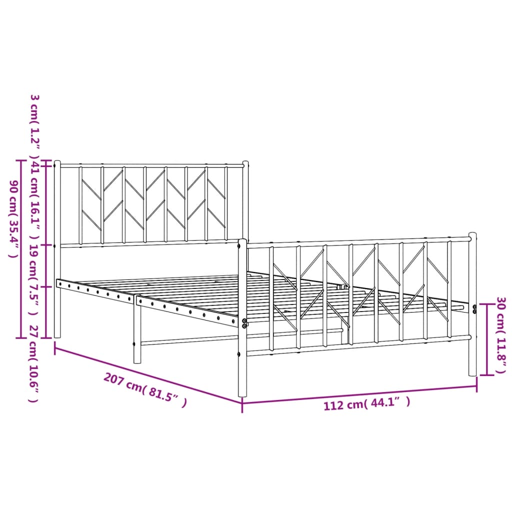 Metal Bed Frame without Mattress with Footboard White 107x203cm