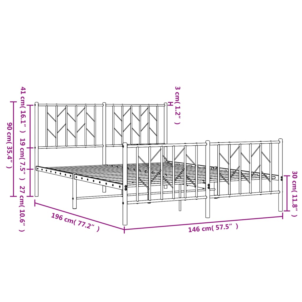 Metal Bed Frame without Mattress with Footboard White 140x190cm