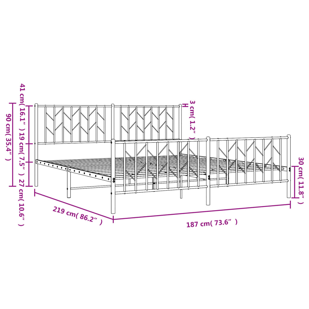 Metal Bed Frame without Mattress with Footboard White 183x213cm