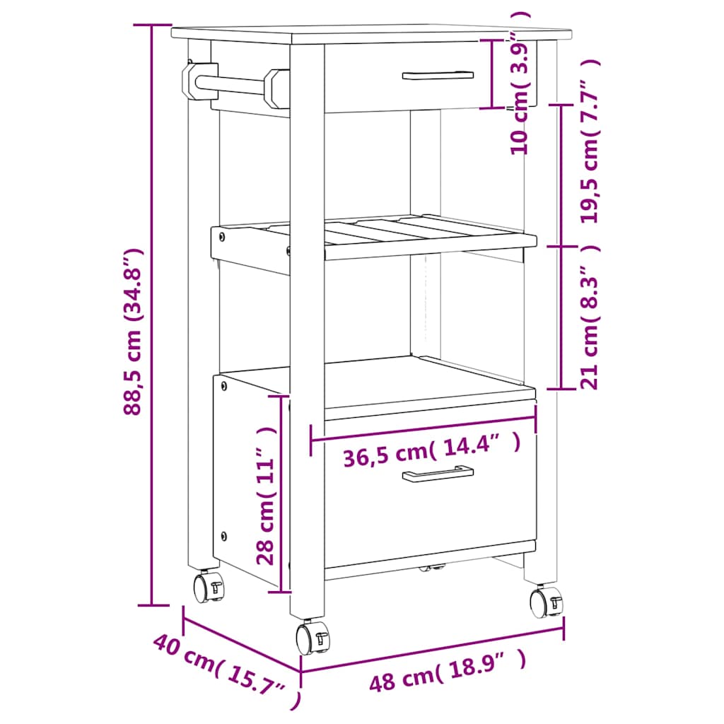 Kitchen Trolley "MONZA" 48x40x88,5 cm Solid Wood Pine