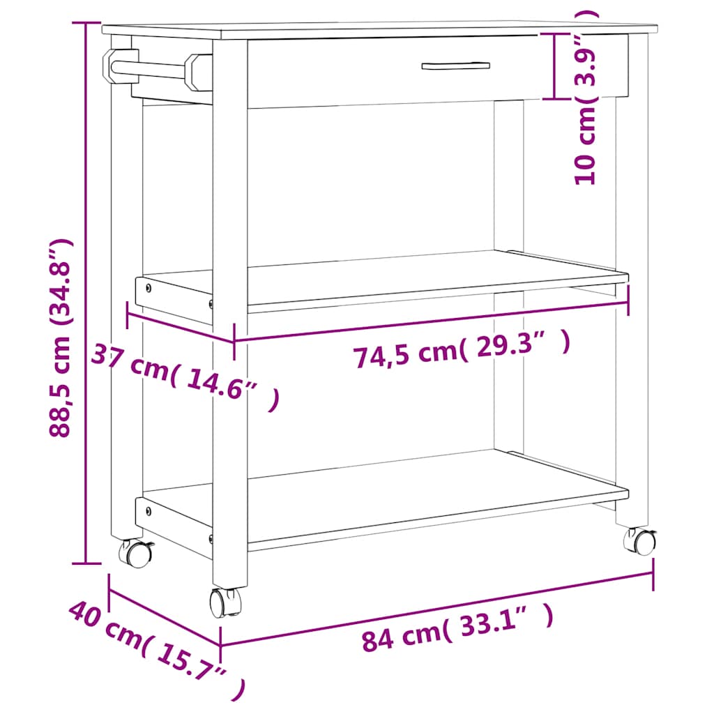 Kitchen Trolley MONZA 84x40x88.5 cm Solid Wood Pine