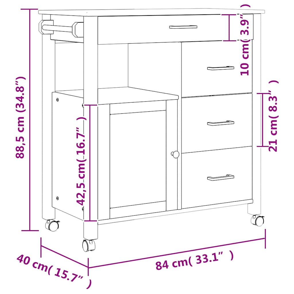 Kitchen Trolley MONZA 84x40x88.5 cm Honey Wax Solid Wood Pine