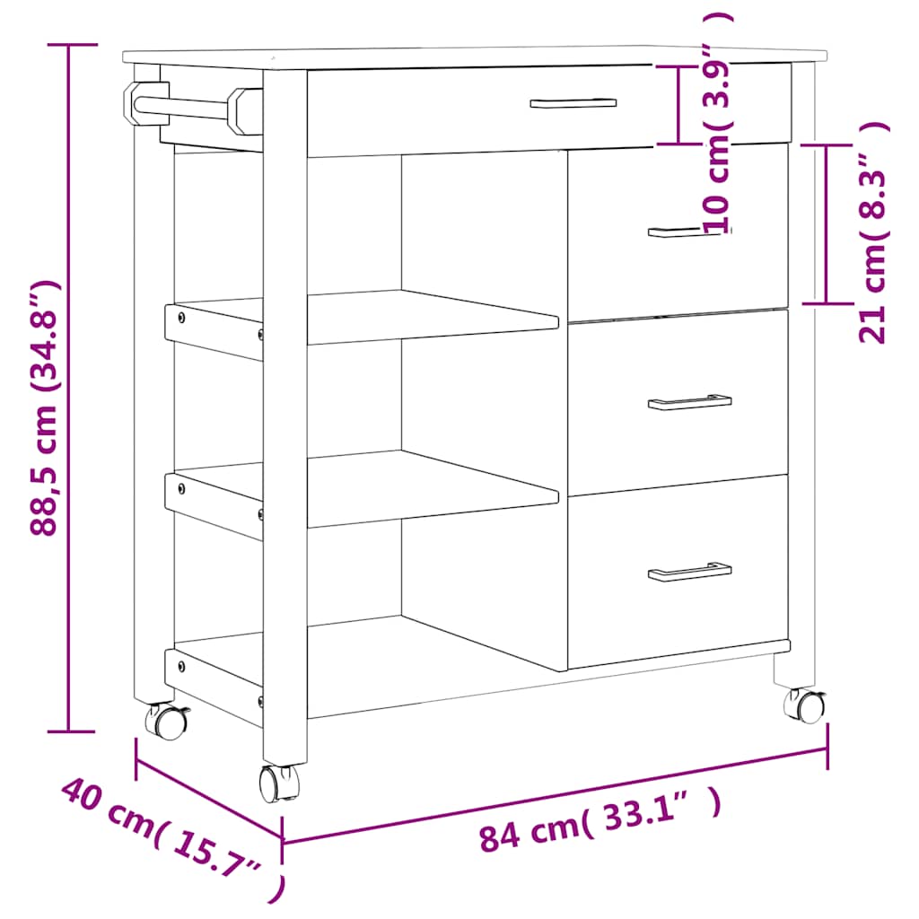 Kitchen Trolley MONZA 84x40x88.5 cm Honey Wax Solid Wood Pine