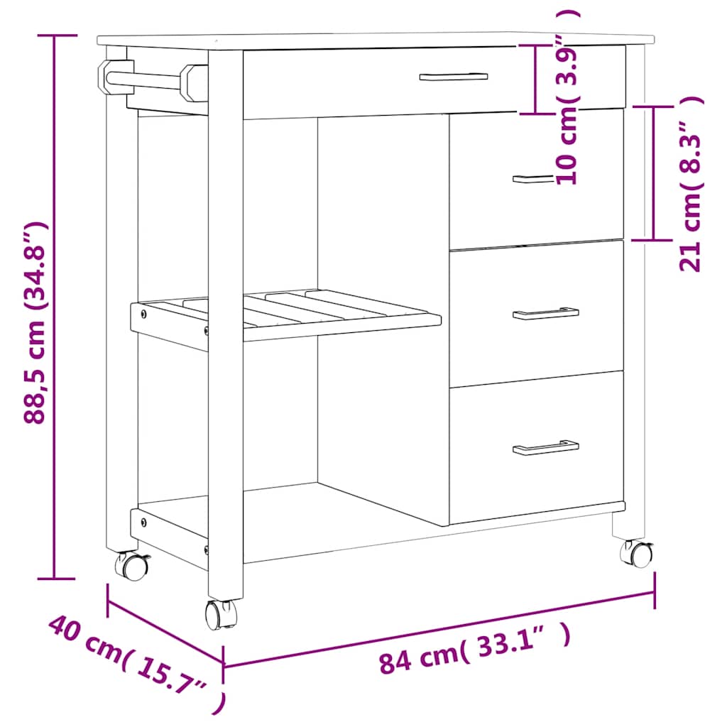 Kitchen Trolley MONZA 84x40x88.5 cm White Solid Wood Pine