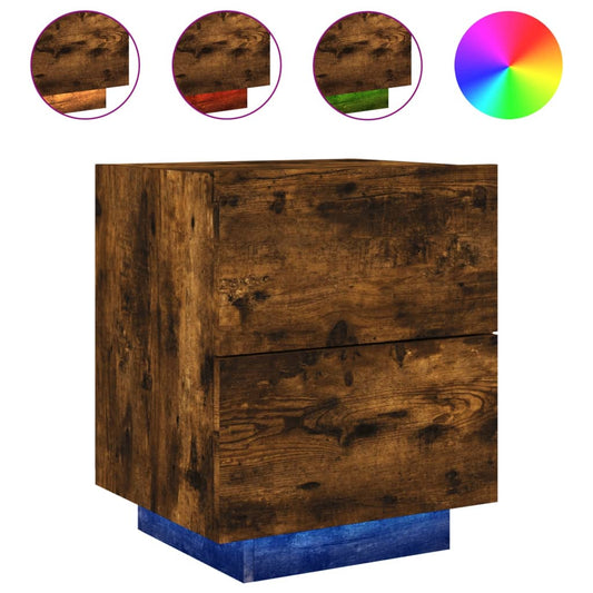 Bedside Cabinet with LED Lights Smoked Oak Engineered Wood Bedside Cabinet with LED Lights Smoked Oak Engineered Wood