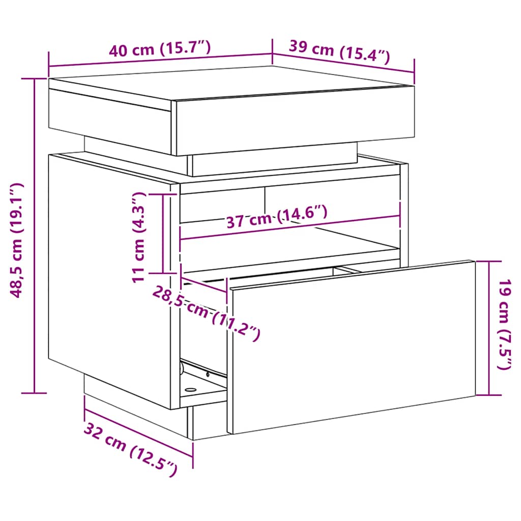 Bedside Cabinet with LED Lights Concrete Grey 40x39x48.5 cm