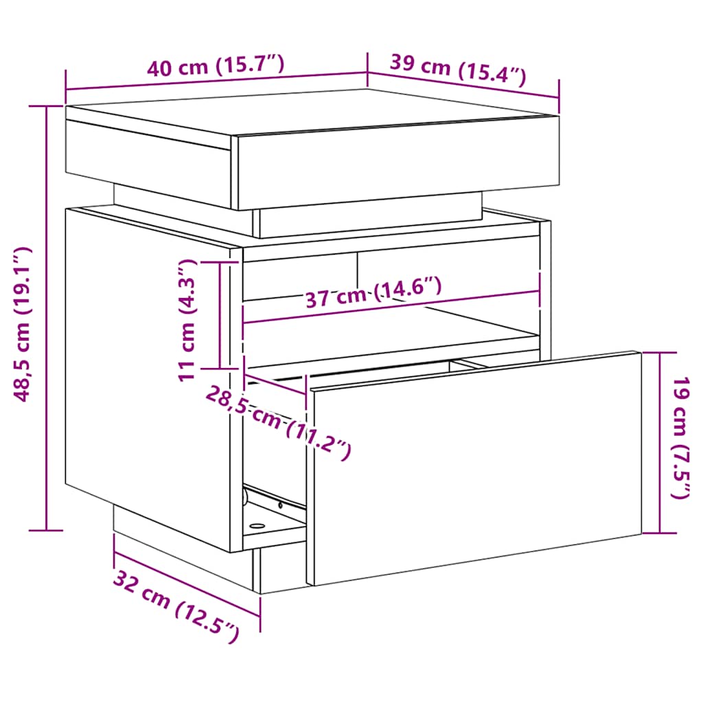 Bedside Cabinet with LED Lights Smoked Oak 40x39x48.5 cm