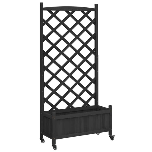 Planter with Trellis and Wheels Black Solid Wood Fir Planter with Trellis and Wheels Black Solid Wood Fir