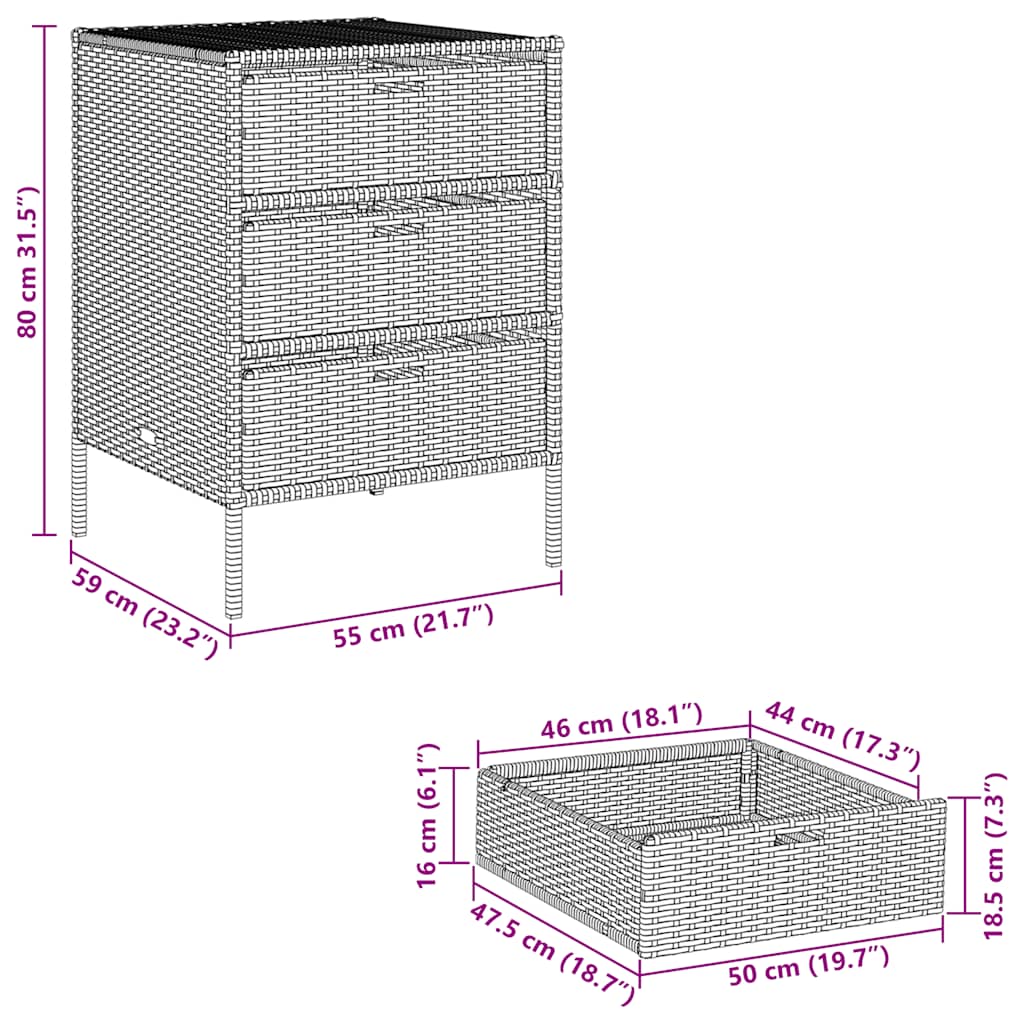 Garden Storage Cabinet with 3 Drawers Grey Poly Rattan