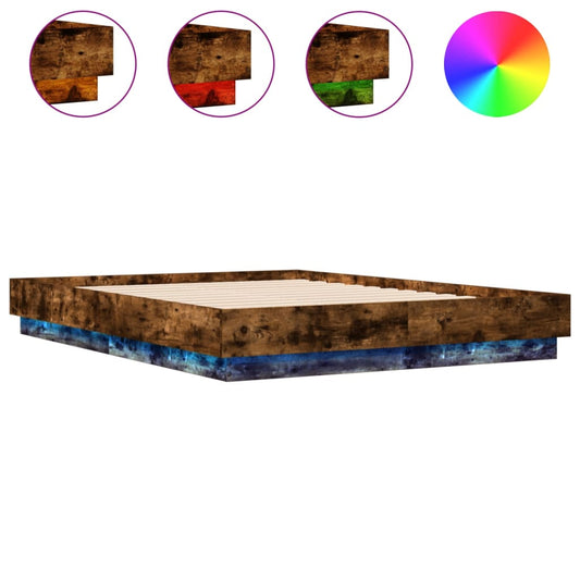 Bed Frame with LED without Mattress Smoked Oak 120x190 cm Small Double Bed Frame with LED without Mattress Smoked Oak 120x190 cm Small Double