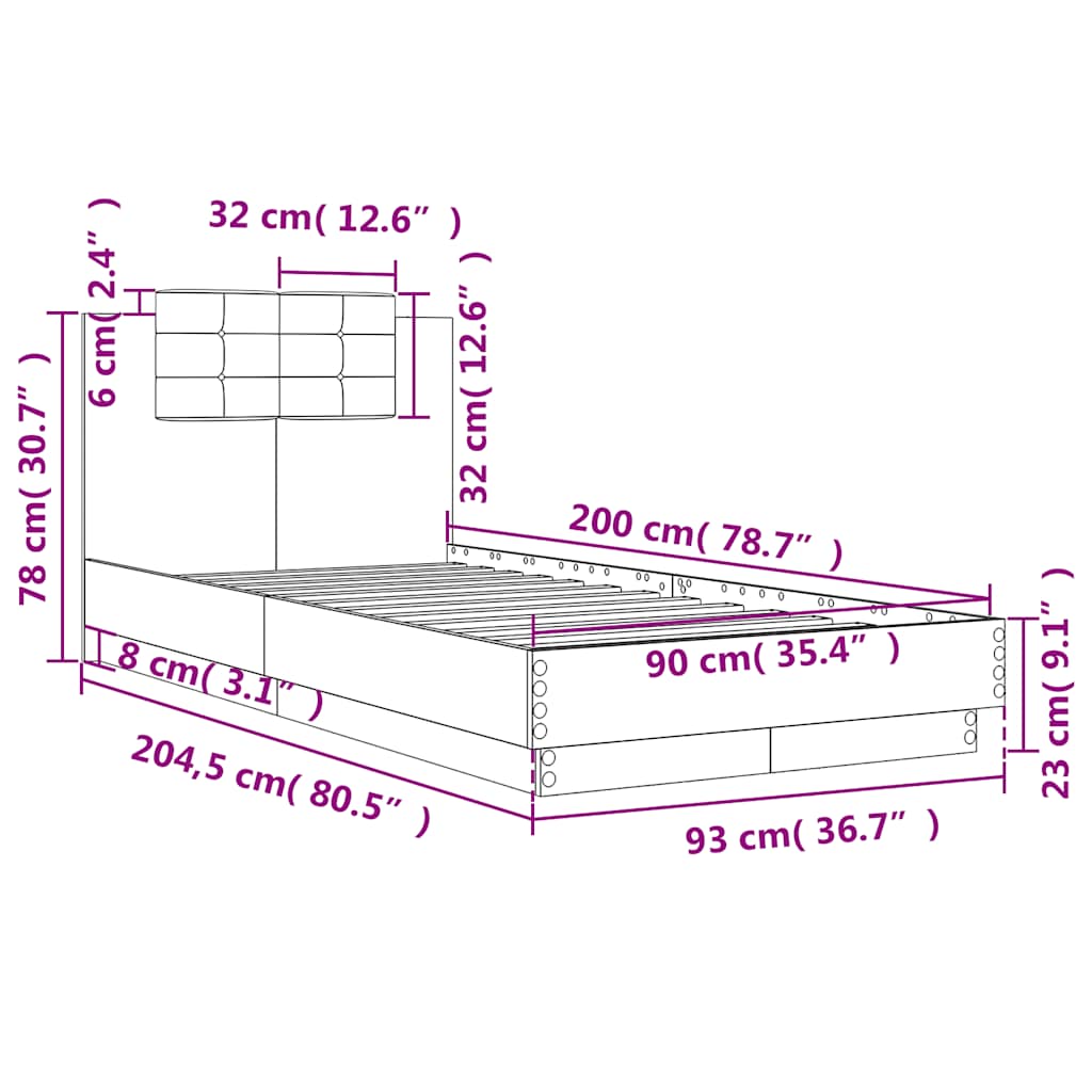 Bed Frame with Headboard Grey Sonoma 90x200 cm Engineered Wood