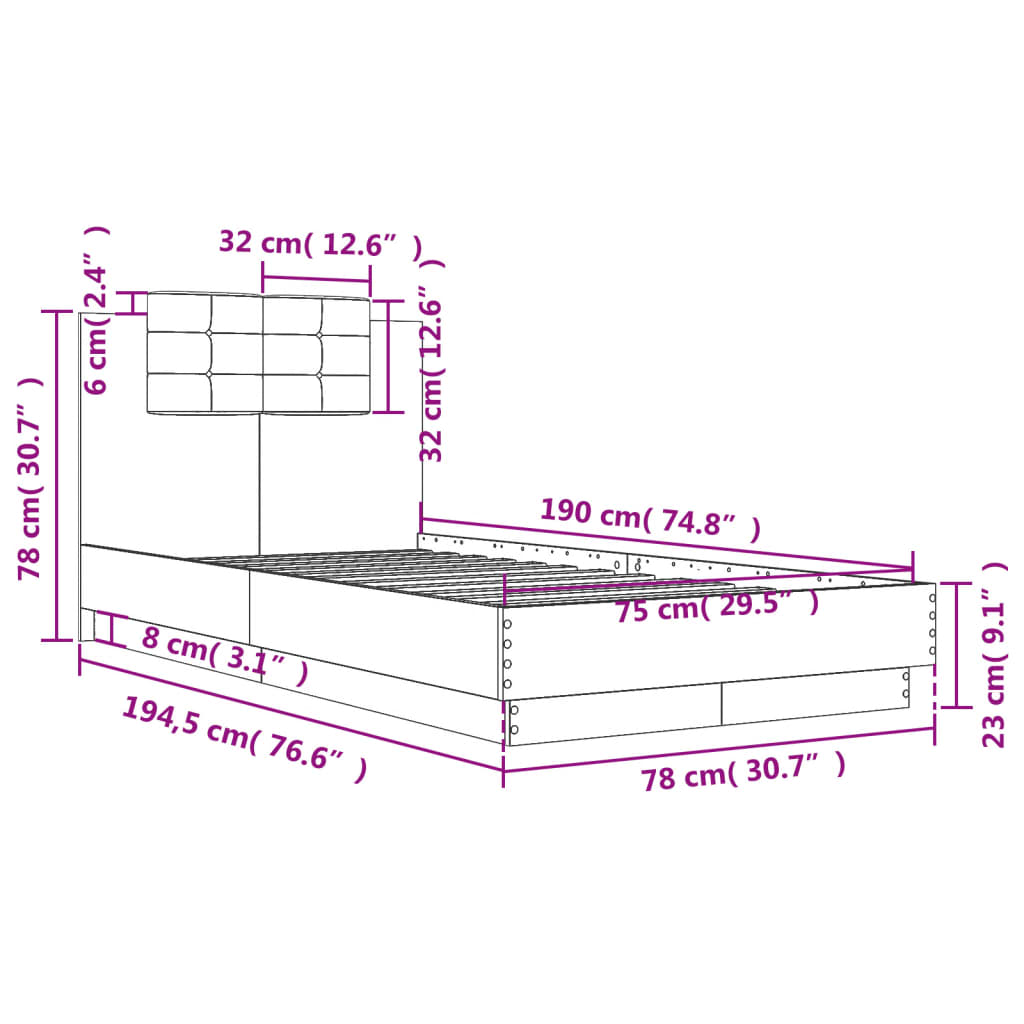 Bed Frame without Mattress Sonoma Oak 75x190 cm Small Single