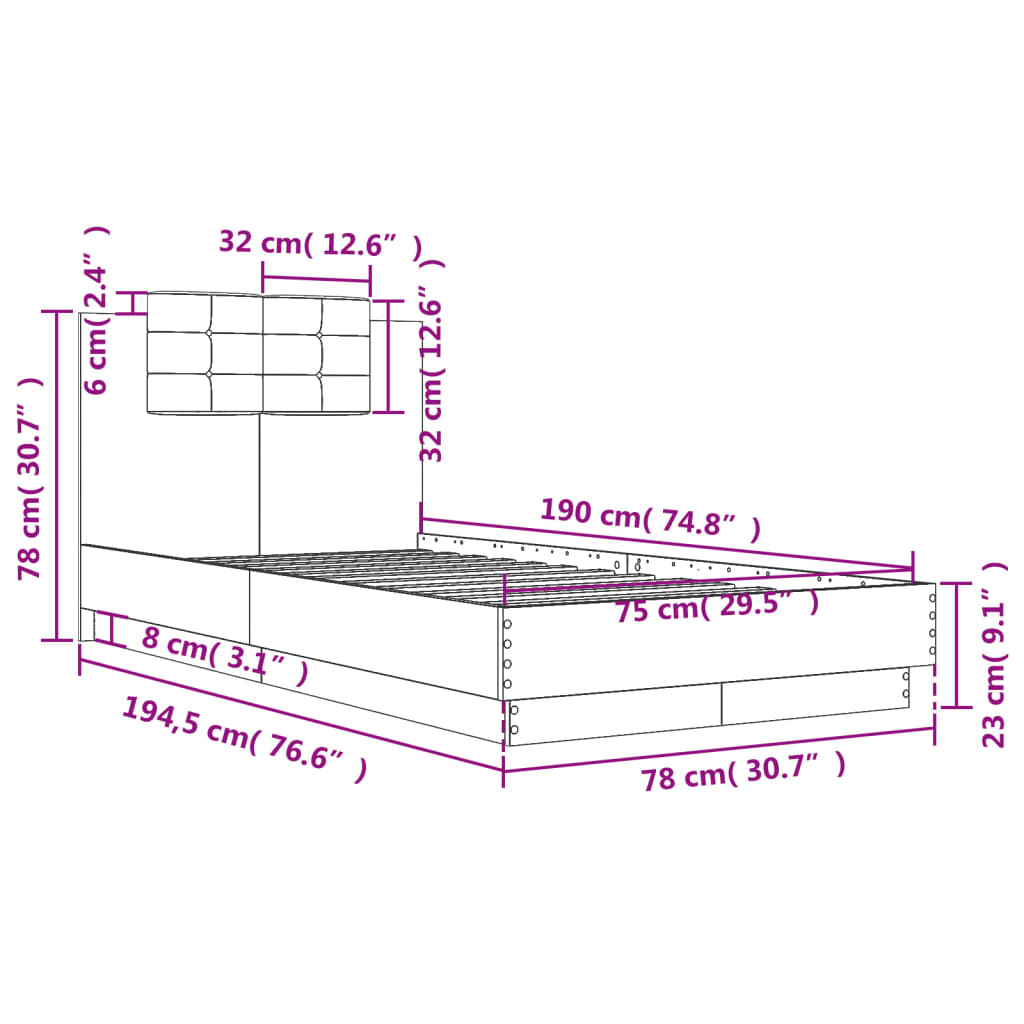 Bed Frame without Mattress Brown Oak 75x190 cm