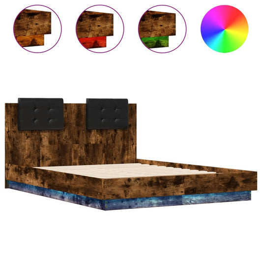 Bed Frame with LED without Mattress Smoked Oak 120x190 cm Small Double Bed Frame with LED without Mattress Smoked Oak 120x190 cm Small Double
