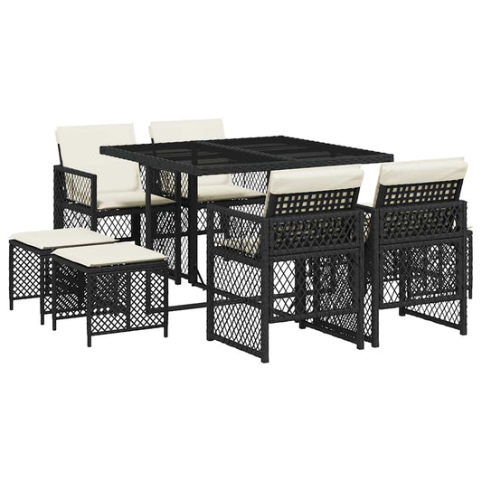 9 Piece Garden Dining Set with Cushions Black Poly Rattan 9 Piece Garden Dining Set with Cushions Black Poly Rattan