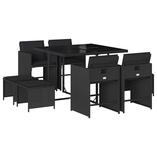 9 Piece Garden Dining Set with Cushions Black Poly Rattan 9 Piece Garden Dining Set with Cushions Black Poly Rattan