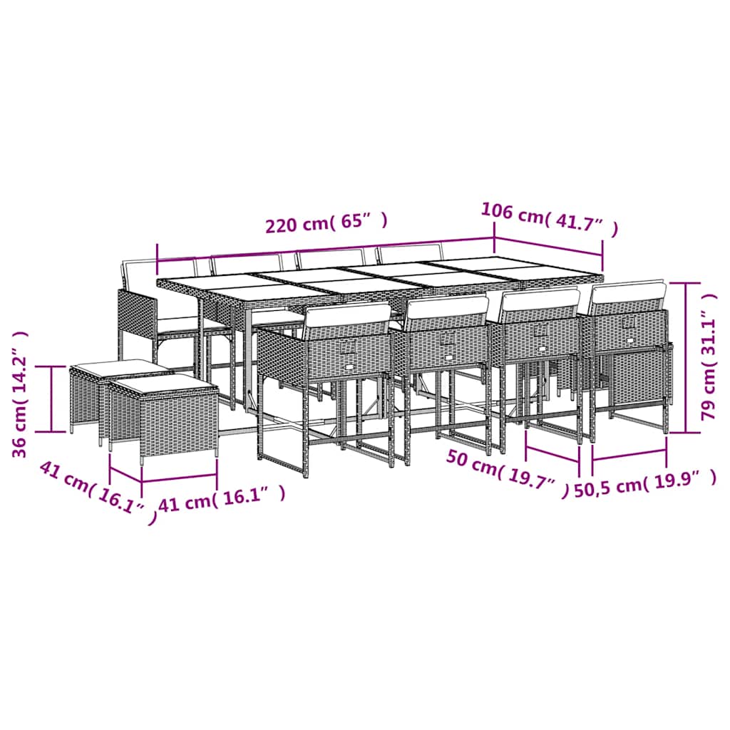 13 Piece Garden Dining Set with Cushions Brown Poly Rattan