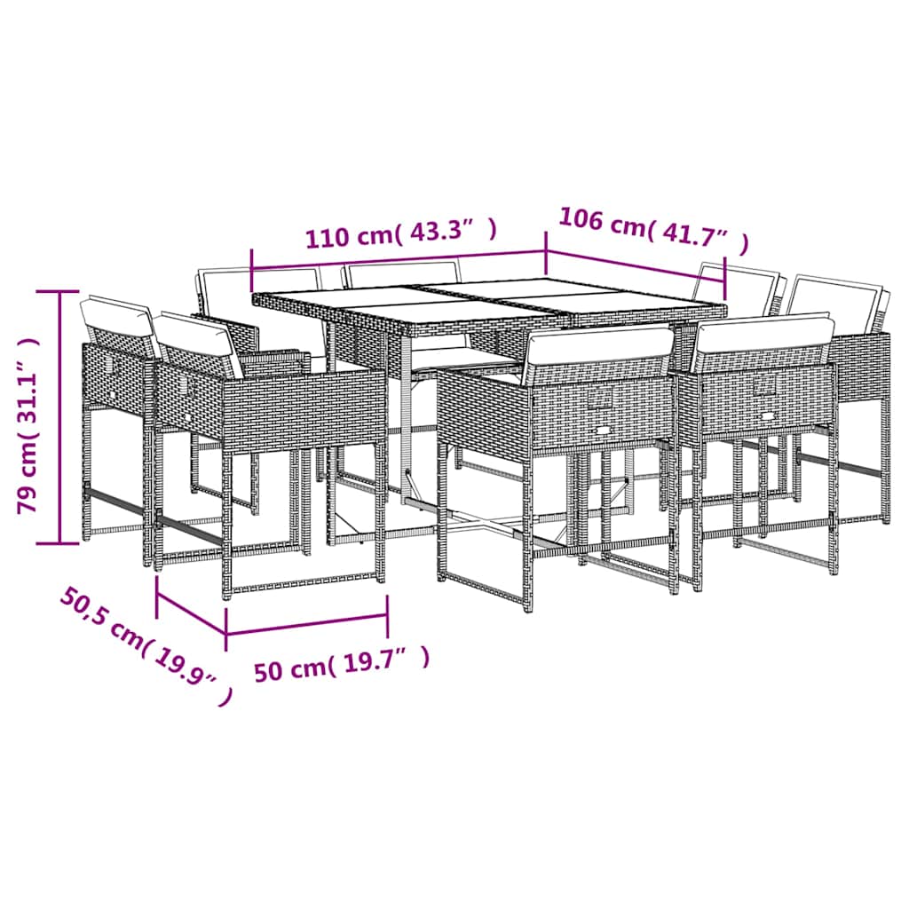 9 Piece Garden Dining Set with Cushions Brown Poly Rattan