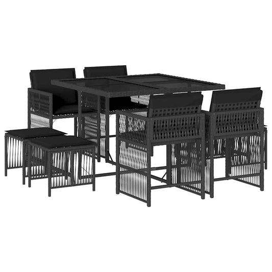 9 Piece Garden Dining Set with Cushions Black Poly Rattan 9 Piece Garden Dining Set with Cushions Black Poly Rattan