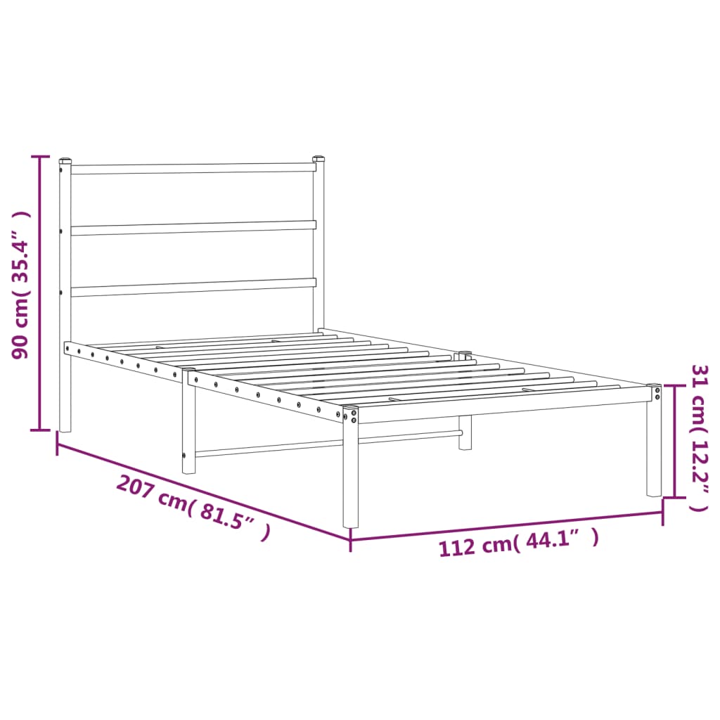 Metal Bed Frame without Mattress with Headboard Black 107x203cm