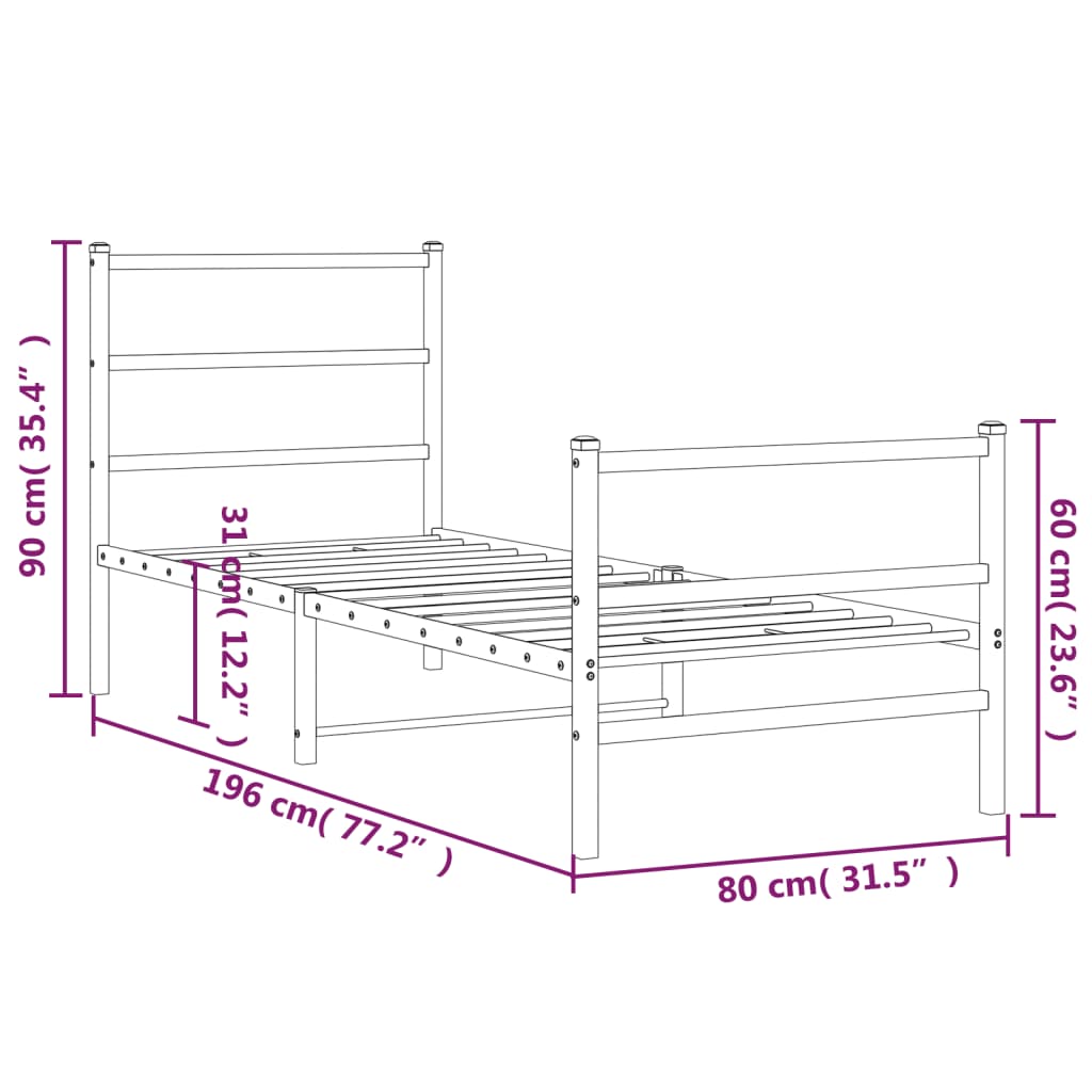 Metal Bed Frame without Mattress with Footboard Black 75x190cm