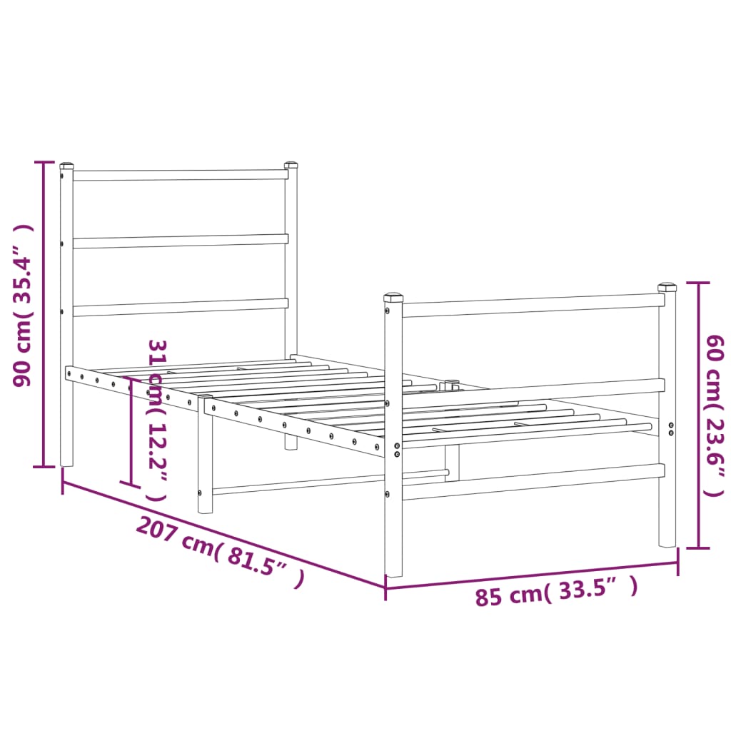 Metal Bed Frame without Mattress with Footboard Black 80x200cm