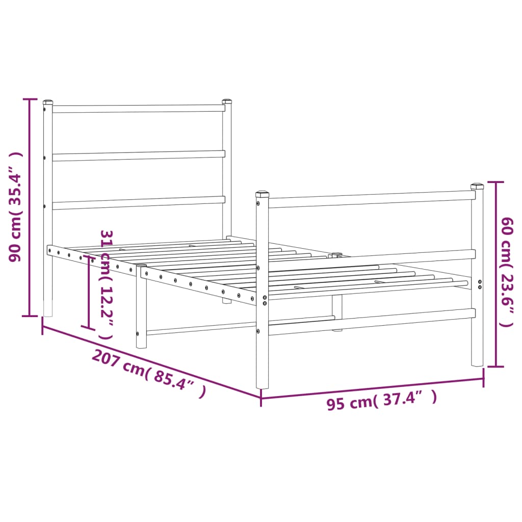 Metal Bed Frame without Mattress with Footboard Black 90x200cm
