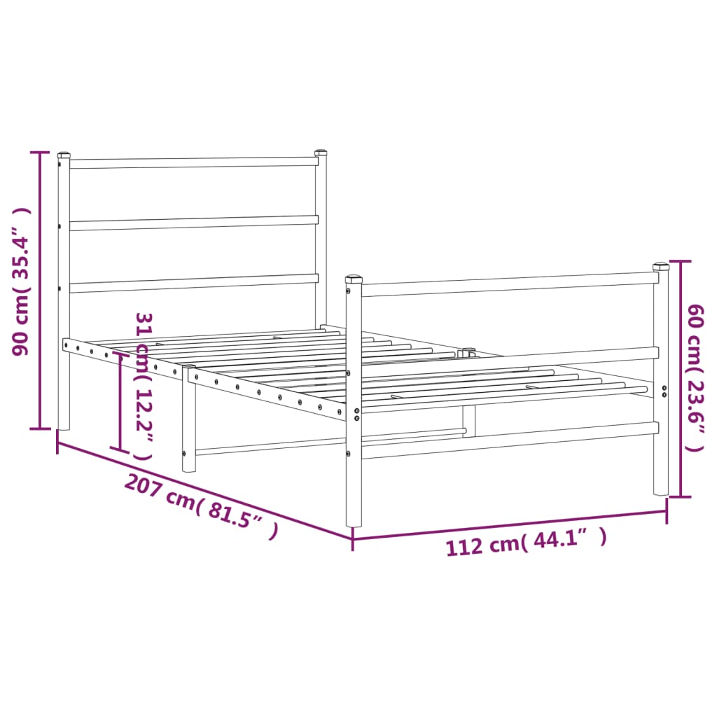 Metal Bed Frame without Mattress with Footboard Black 107x203cm