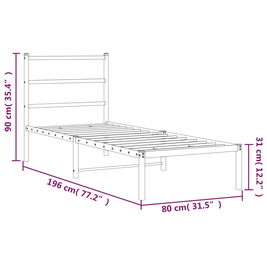Metal Bed Frame without Mattress with Headboard White 75x190cm
