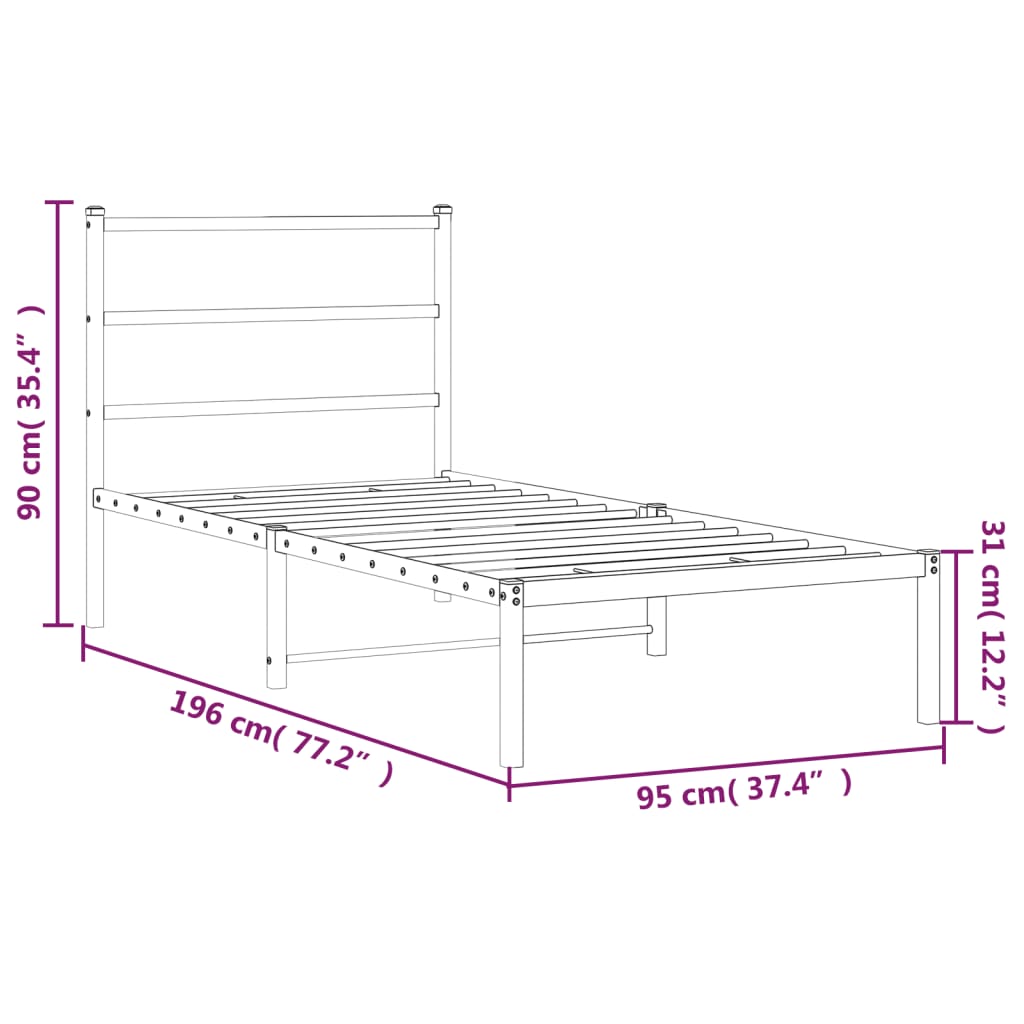 Metal Bed Frame without Mattress with Headboard White 90x190cm
