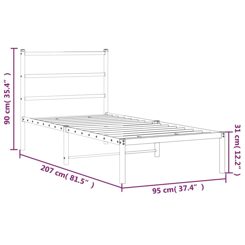 Metal Bed Frame without Mattress with Headboard White 90x200cm