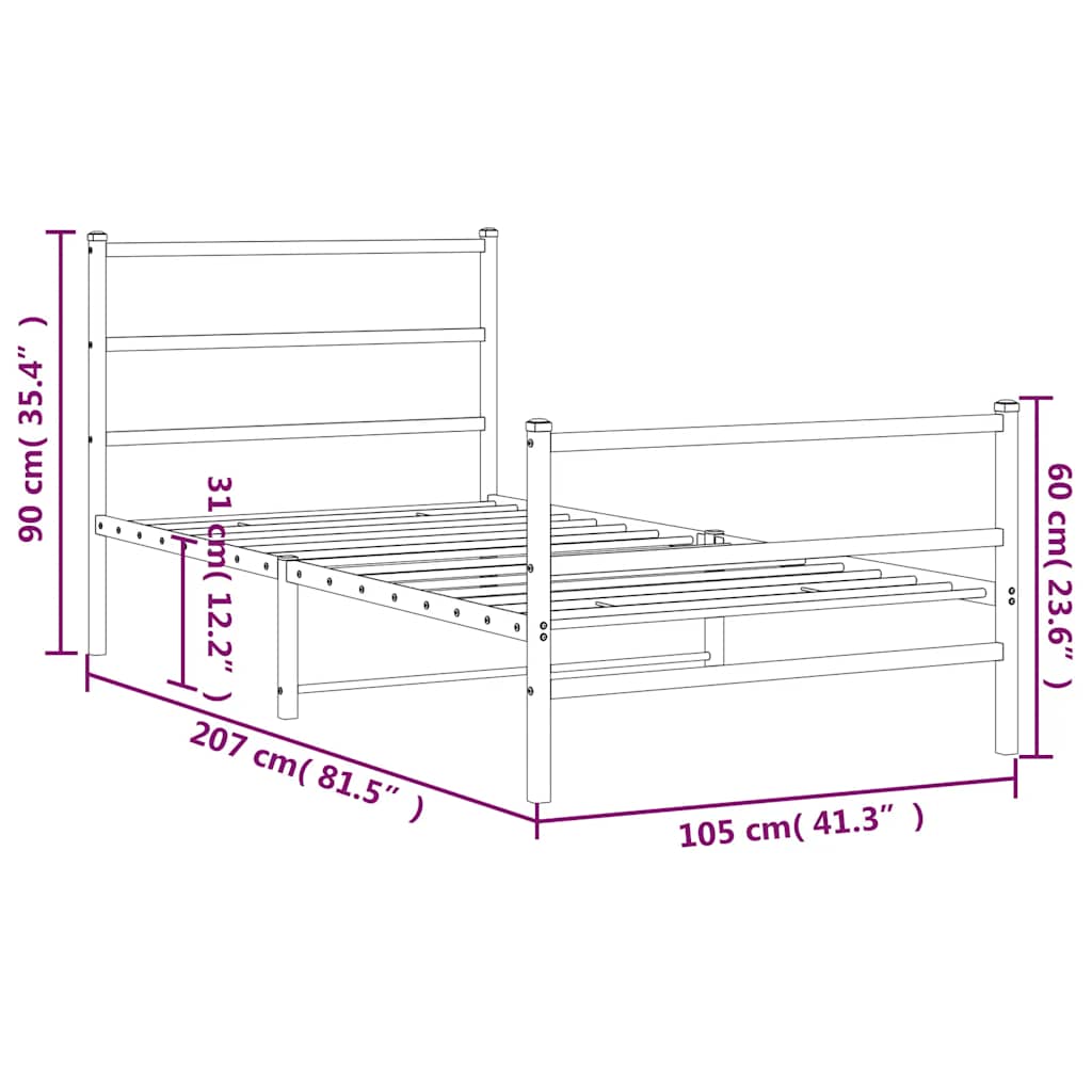 Metal Bed Frame without Mattress with Footboard White 100x200cm