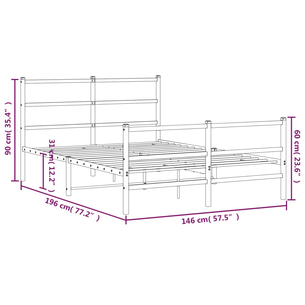Metal Bed Frame without Mattress with Footboard White 140x190cm