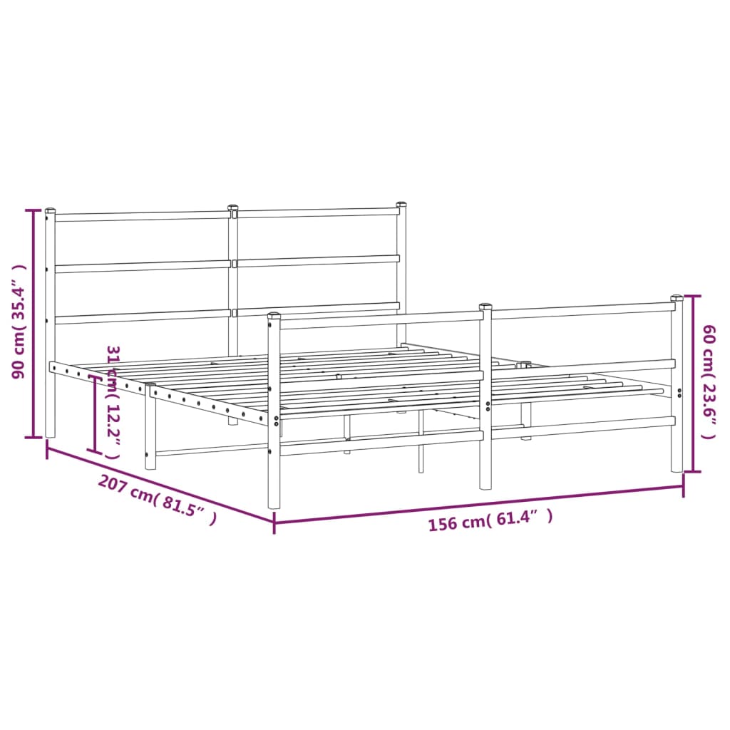 Metal Bed Frame without Mattress with Footboard White 150x200cm