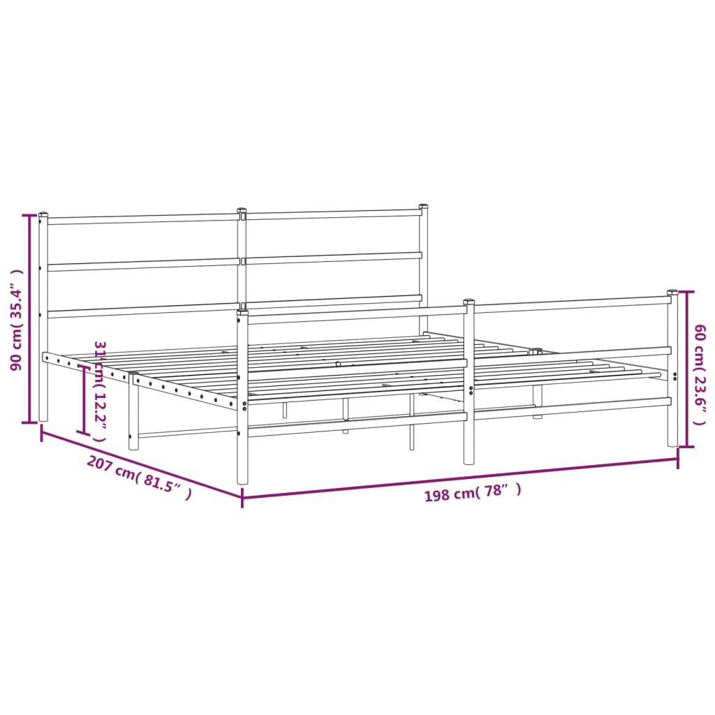 Metal Bed Frame without Mattress with Footboard White 193x203cm