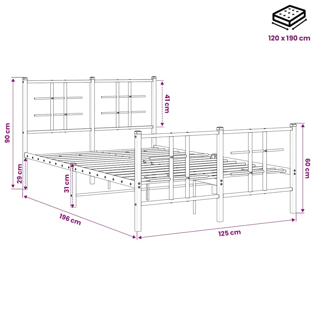 Metal Bed Frame without Mattress with Footboard Black 120x190cm