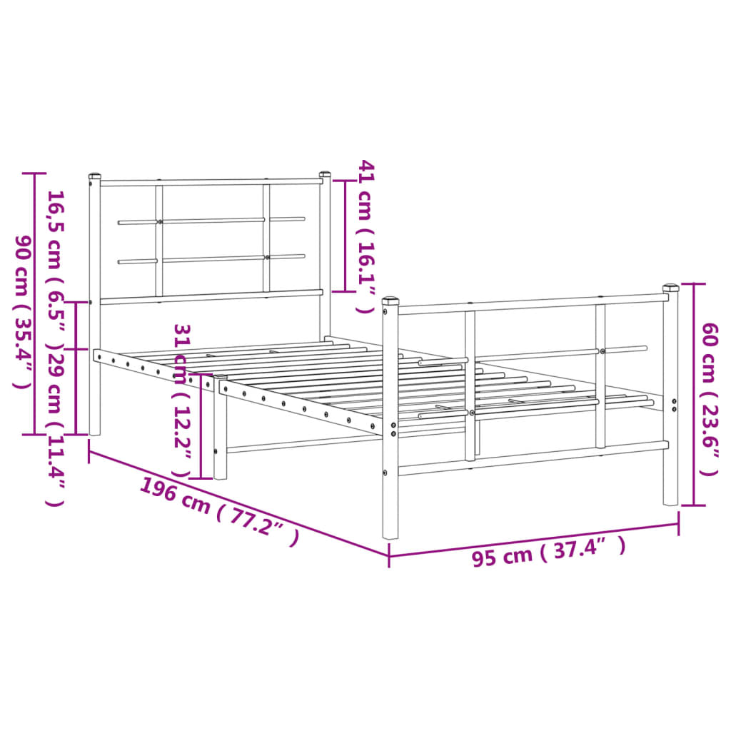 Metal Bed Frame without Mattress with Footboard White 90x190cm