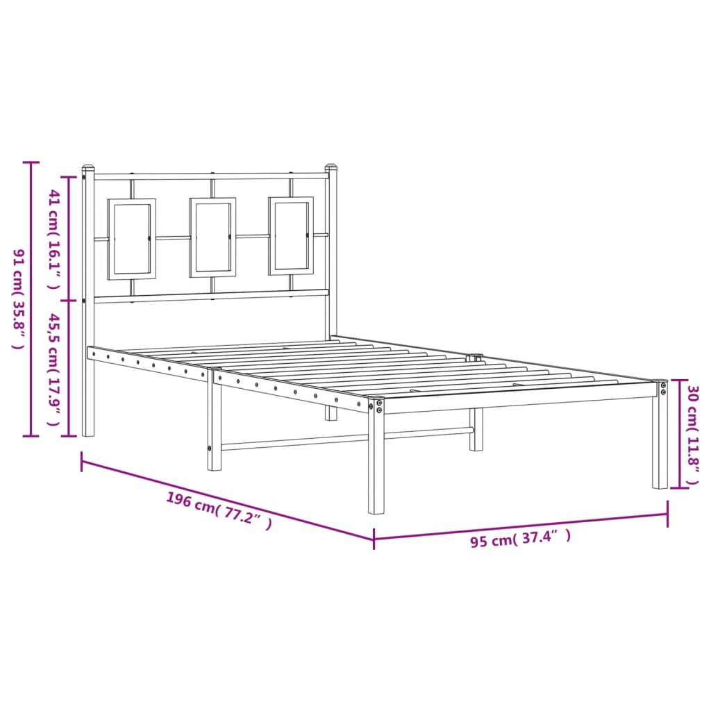 Metal Bed Frame without Mattress with Headboard Black 90x190cm
